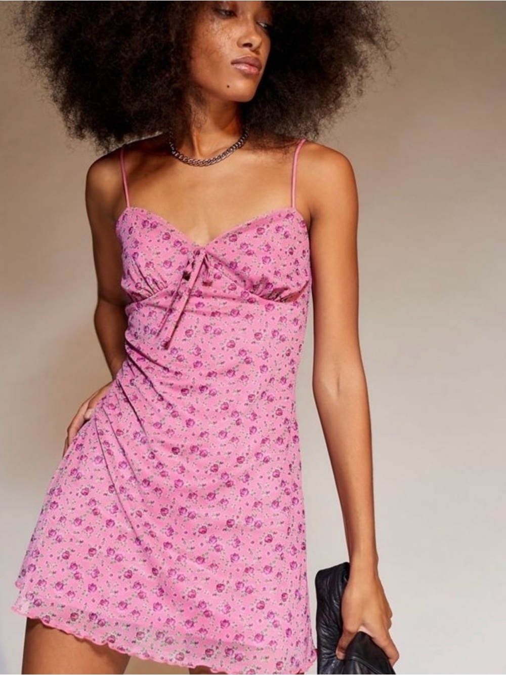 Urban Outfitters Pink Floral Tie-Front Spaghetti-Strap Mini Dress